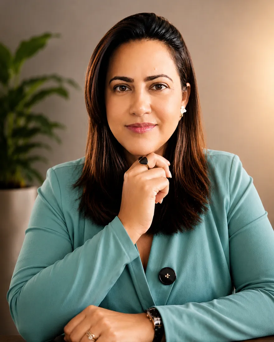 Maria Mineiro, mentora de almas, sorrindo serenamente com a mão apoiada no queixo, vestindo blazer verde-água